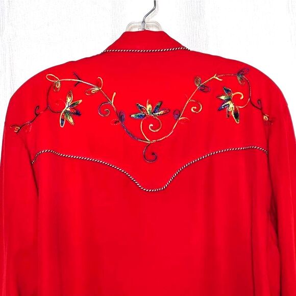 ABS California Red Colorful Embroidery Pearl Snap Buttons Western Rodeo Blouse - Picture 6 of 15